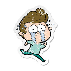 distressed sticker of a cartoon crying man running