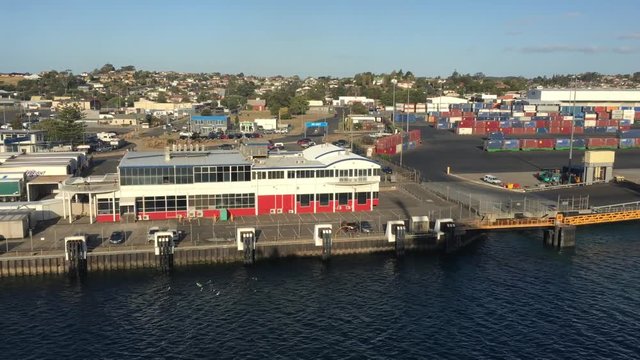 Aerial landscape view of Port of Devonport - TasPorts in Devonport Tasmania.Major point of entry for visitors traveling across Bass Strait and shipping goods to Tasmania. 