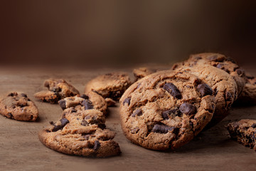 Chocolate chip  cookies on wooden Background, copyspace, top view