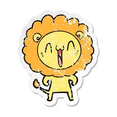 distressed sticker of a happy cartoon lion