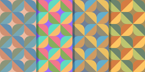 Set of four seamless patterns with abstract figures of cross-shaped structure in one style. Colorful illustration, eps10.