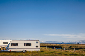 Camper trailers at camping in Highlands of Iceland Scandinavia