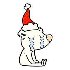comic book style illustration of a crying sitting polar bear wearing santa hat