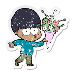 distressed sticker of a nervous cartoon boy with flowers