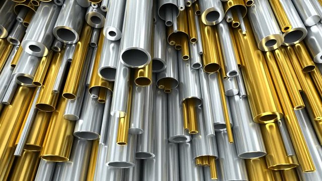 Close-up set of different diameters metal round tubes and copper pipes, Industrial 3d animation
