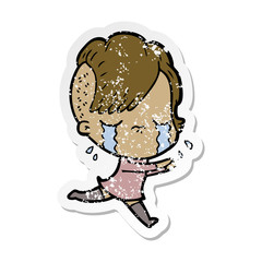 distressed sticker of a cartoon crying girl running away