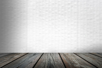 Old white Cement Wall and wood floor backgrounds, room, interior, display products.