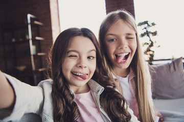 Self-portrait of two nice lovely attractive charming cheerful cheery crazy carefree cheeky naughty...