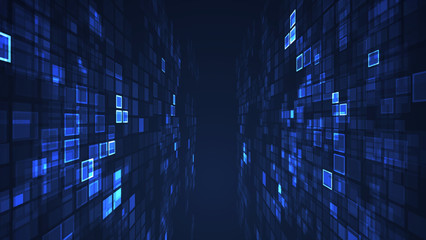 Abstract blue graphic flashing rectangle grid perspective background. Digital technology futuristic illustration concept.