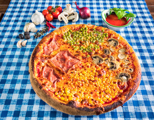 Four seasons ham sweetcorn peas and mushroom pizza