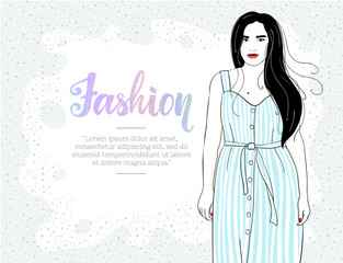 Fashion girl in striped sundress. Summer feminine style wardrobe . Beauty template.