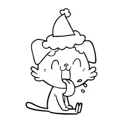 line drawing of a panting dog wearing santa hat