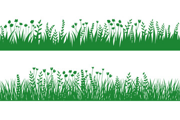 Vector green grass: natural, organic, bio, eco label and shape on white background. Seamless brush, pattern