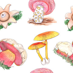 Watercolor seamless pattern with fungus mushrooms