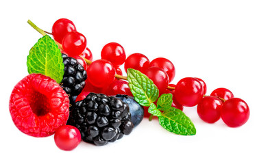 Berries mix isolated on white background. Raspberry, Red currant, Blueberry, Blackberry with mint leaves , wide photo
