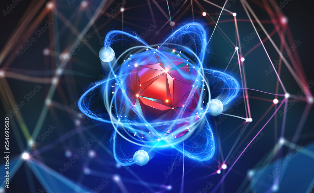 Poster Atomic structure. Futuristic concept. Nanotechnology of future. Neural connections of artificial intelligence. 3d illustration of nano core in abstract cyberspace