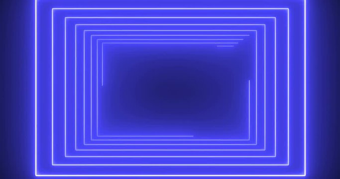 Neon blue glowing rectangle frame drawing on the dark blue background with empty place for your logo.