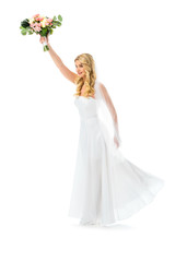 Fototapeta na wymiar beautiful bride in elegant white dress holding wedding bouquet isolated on white