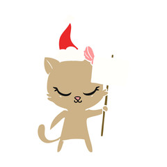 cute flat color illustration of a cat with sign wearing santa hat