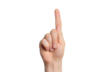 male hand points finger up. isolated background.