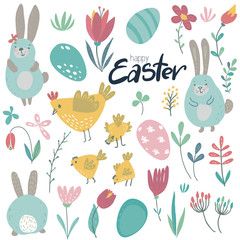 Vector collection of rabbits, chicken and flowers.