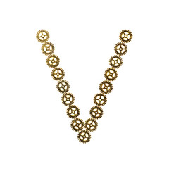 Alphabet letter V made of metal gears. Isolated on white background. Steampunk style