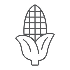Corn thin line icon, farm and harvest, sweetcorn sign, vector graphics, a linear pattern on a white background.