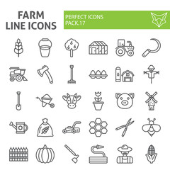 Farm line icon set, agriculture symbols collection, vector sketches, logo illustrations, gardening signs linear pictograms package isolated on white background.