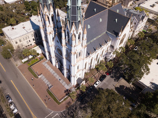 Aerial high angle view of the Cathedral of St John in downtown Savannah, Georgia
