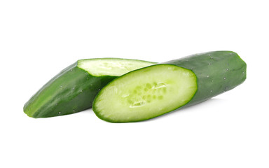 portion cut fresh Japanese cucumber on white background