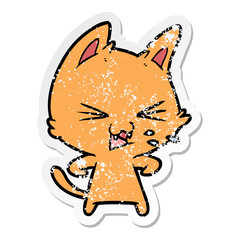 distressed sticker of a cartoon cat hissing
