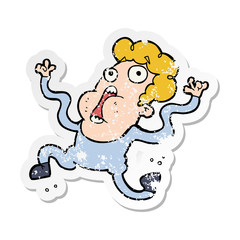 distressed sticker of a cartoon terrified man