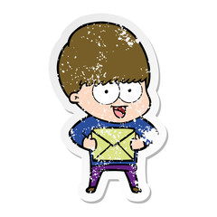 distressed sticker of a happy cartoon boy with present