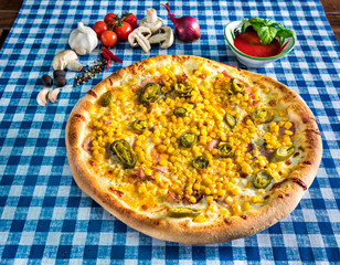 Ham and sweetcorn white pizza with jalapeno