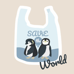 Eco concept poster or banner, penguins in plastic bag. Save the world campaign vector illustration.
