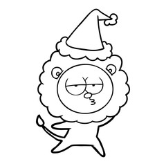 line drawing of a bored lion wearing santa hat