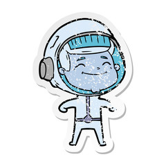 distressed sticker of a happy cartoon astronaut