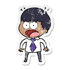 distressed sticker of a cartoon shocked man in shirt and tie