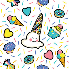 Pattern with cute ice cream, hearts, donut, cupcake