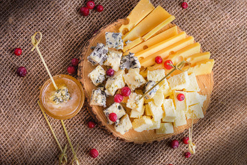 Cheese slices close-up. Different sorts of cheese on wooden board. Pieces of cheese natural background. Sliced natural cheeses, top view.