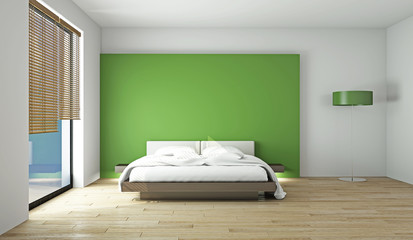 Modern bed in an empty room 3D rendering