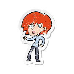 retro distressed sticker of a cartoon surprised woman pointing