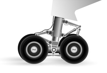 The chassis of the modern aircraft when landing on the runway. Wheels rotate rapidly.