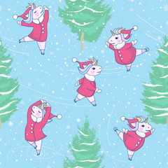 pattern with five cute unicorn skates with a Santa Claus coat and hat on blue background