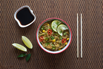 Saucy Coconut Curry with Noodles and Vegetables.
