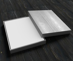 Book template in a wood gift box on a wooden background. Advertisement template. 3D rendering.