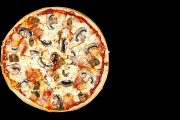 Fresh pizza with meat beaf chicken pork, tomatoes, vegetables, ushrooms on dark black background closeup