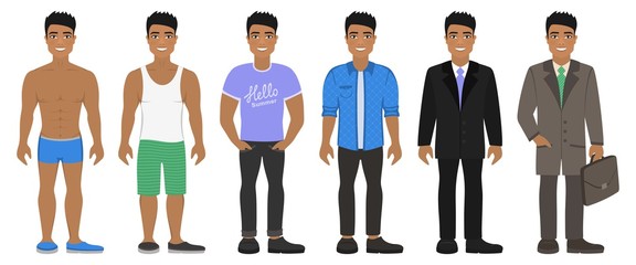 Fototapeta na wymiar Smiling Asian man in different types clothes. Casual, formal and business style. Dark-haired guy with black eyes. Cartoon male characters standing on a white background. Flat vector illustration.