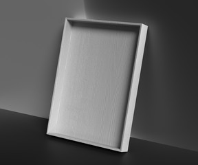 Grey empty wooden gift box on a dark background. Advertisement template. 3D rendering.