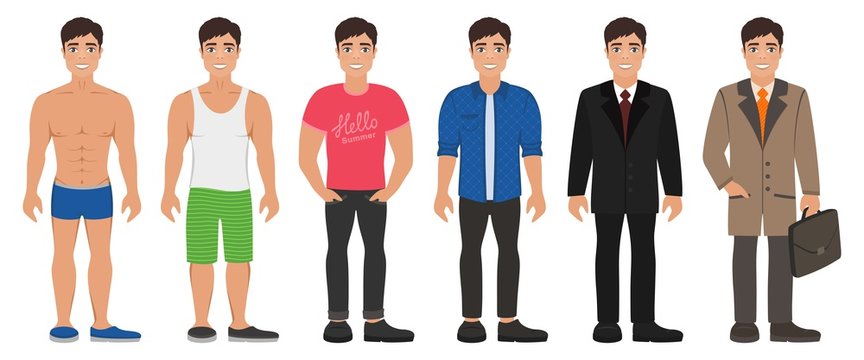 Smiling handsome young man in different types clothes. Casual, formal and business style. Dark-haired guy with grey eyes. Cartoon male characters standing on a white background. Flat vector image.